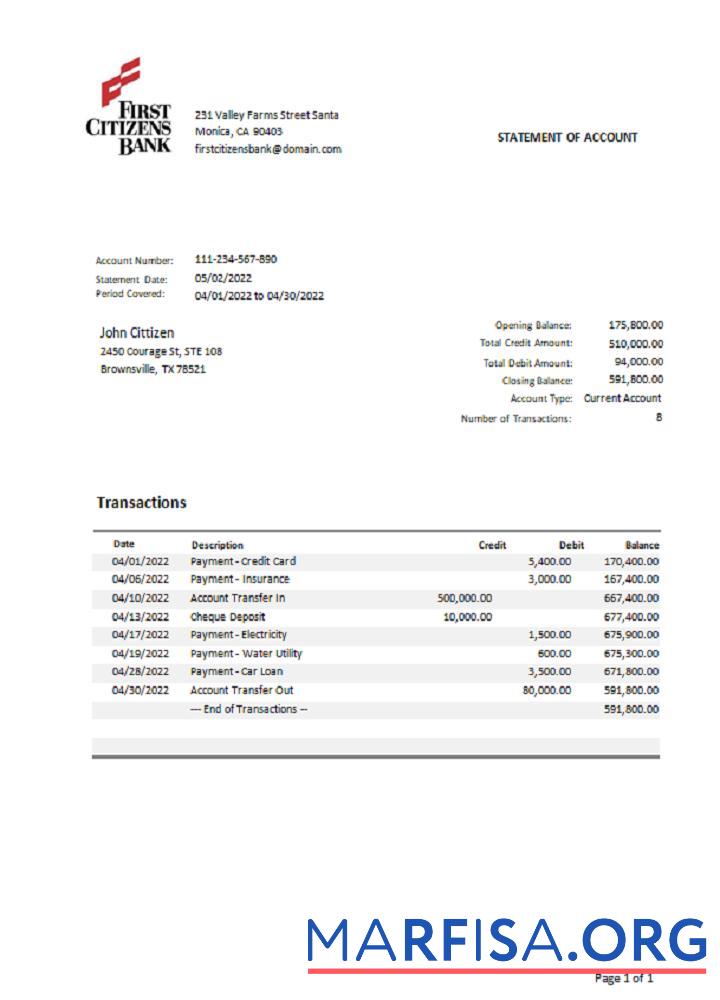 Realistic USA Texas First Citizens bank statement word.1 sample